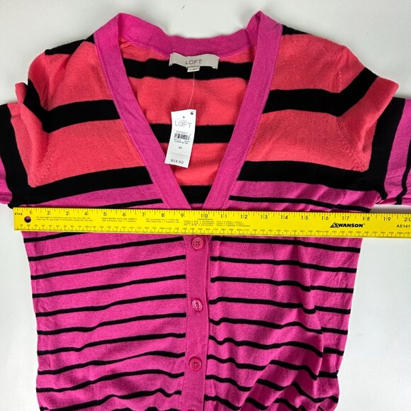 Ann Taylor Loft Cardigan Sweater Women M Stripe 3/4 Sleeve Button Up Pink Orange - Picture 6 of 12